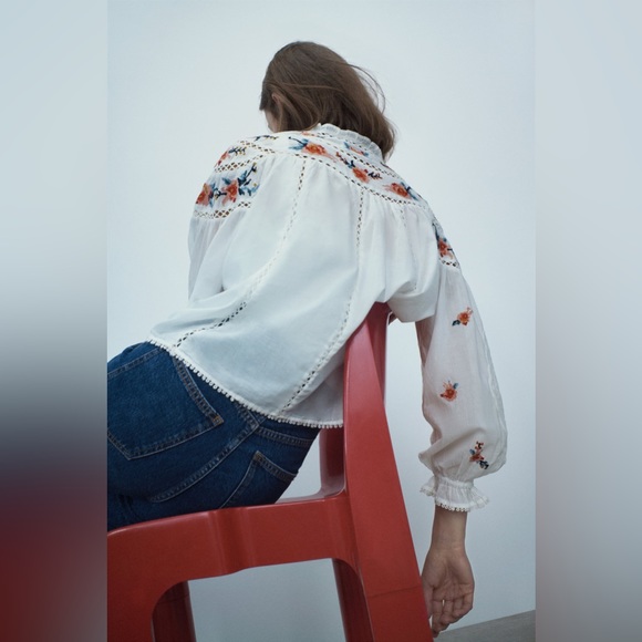 Zara White Floral Embroidered Open Smocked Puff Sleeve Boho Top - Picture 10 of 10